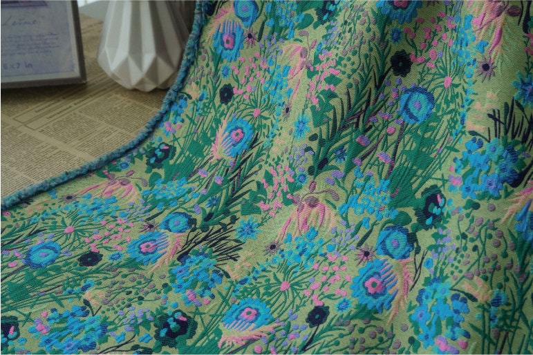 Floral Jacquard Woven Fabric: Reversible 3D Green Flower Pattern, 54"W