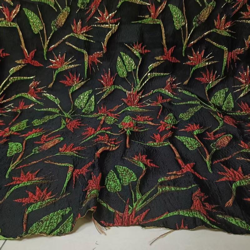Black Embossed Jacquard Fabric: Gold Thread Yarn-Dyed Design, 55"W