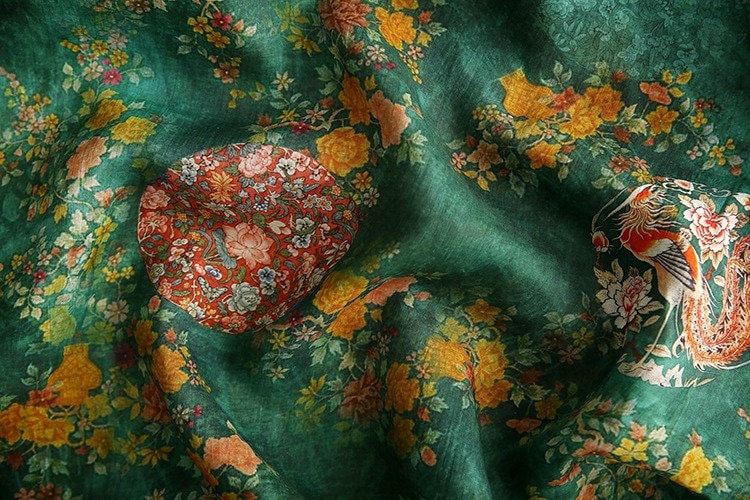 Jade Green Ramie Fabric: Floral Bird Print, 57" Wide