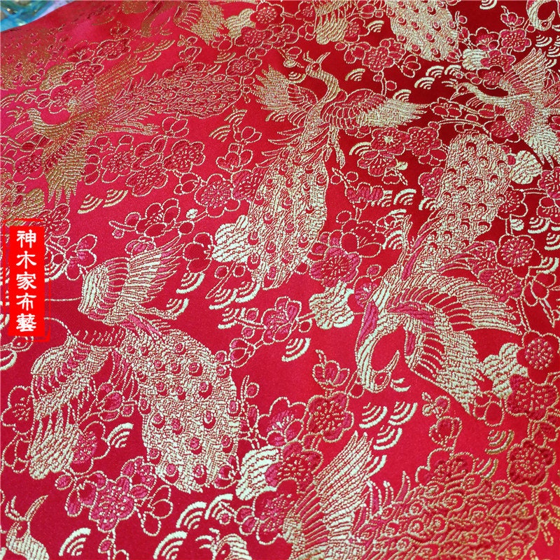 Red & Gold Phoenix Brocade Fabric: 59"W Jacquard Satin
