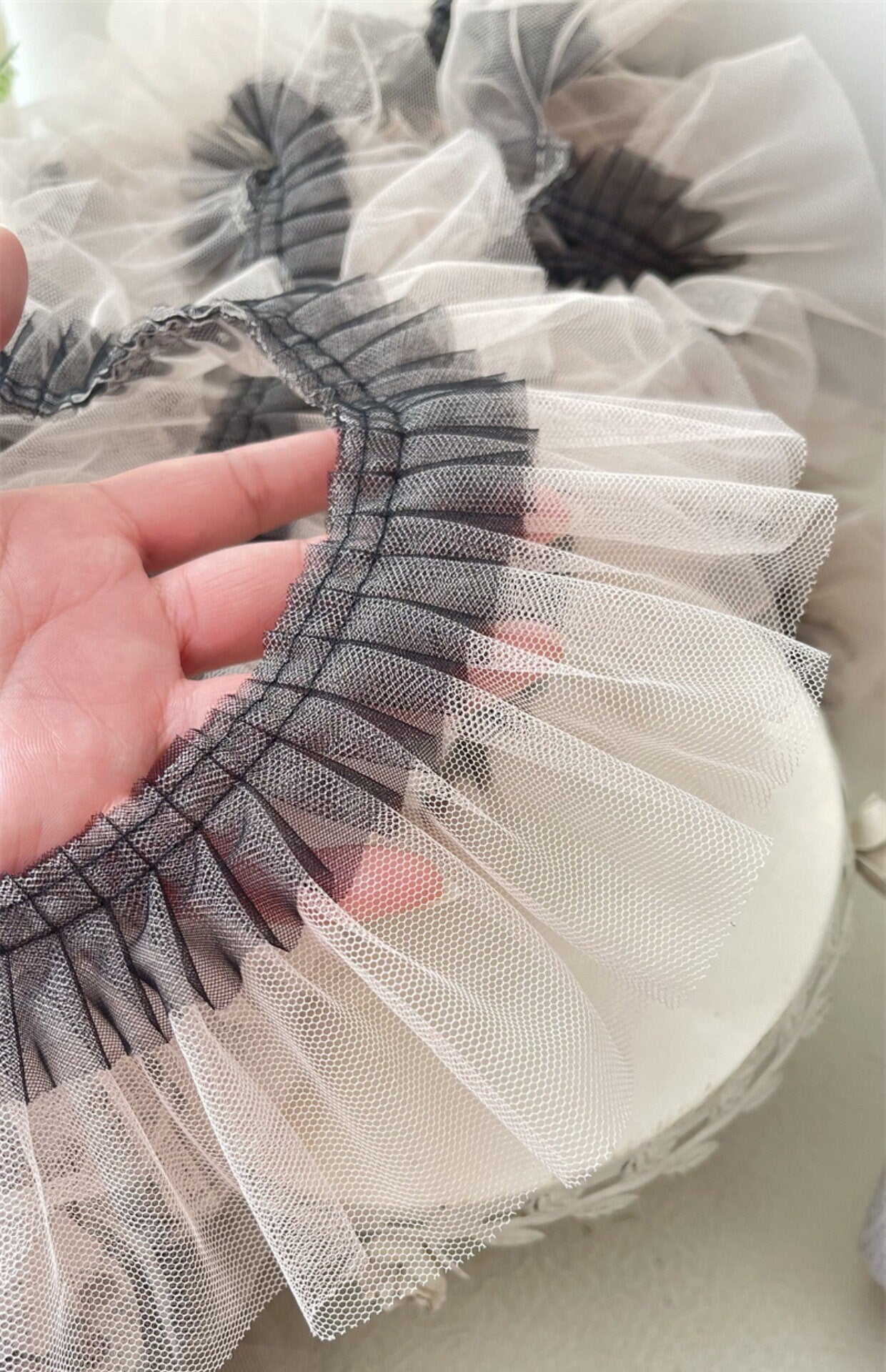 Sheer Pleated 3D Ruffle Mesh Fabric, Stiff Texture, Designer Gown Material