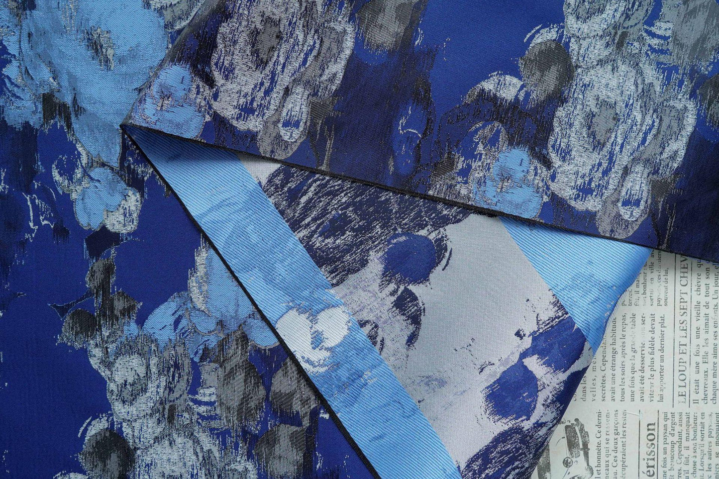 Blue Floral Brocade Fabric: Ink Painting Design, 60" Wide