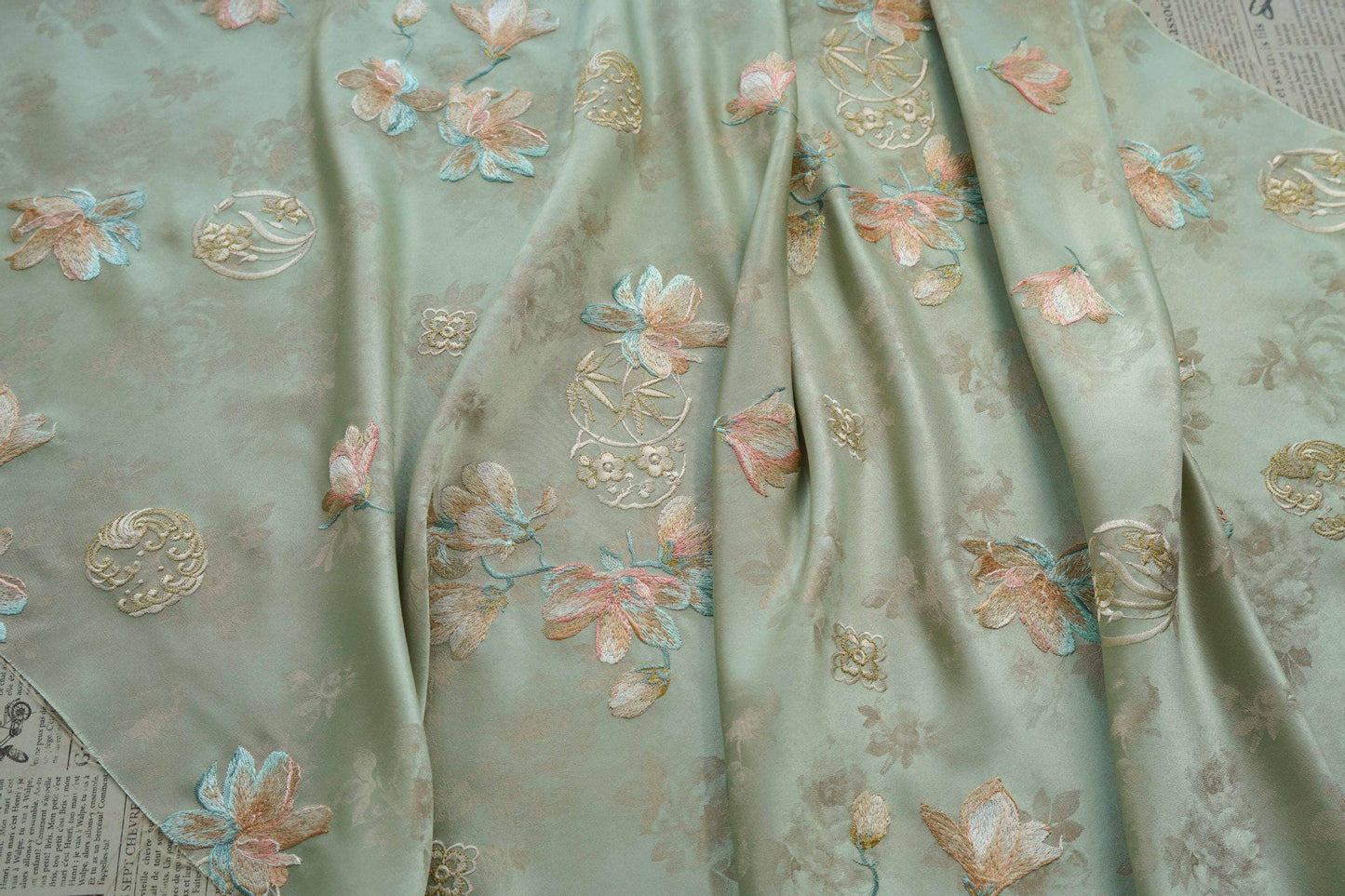 Silk Brocade Fabric: 59"W Peony Pattern for Cheongsam, Robes, Upholstery