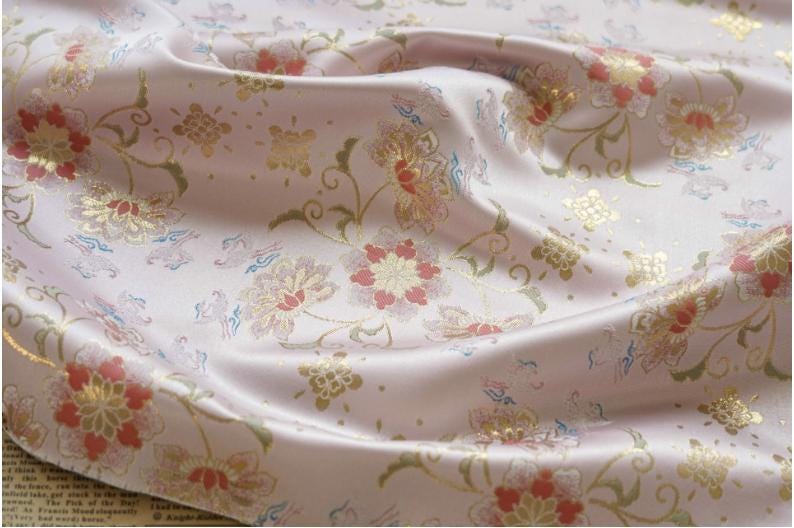 Gold Thread Jacquard Fabric: Pink 3D Flower Designer Fabric, 62"W