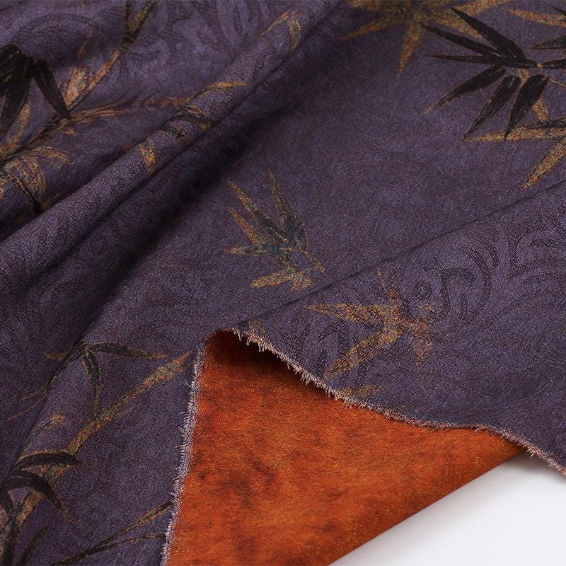 Red Peony & Bamboo Leaf Printed Chiffon Fabric ��� Elegant Flowing Materi"Wide