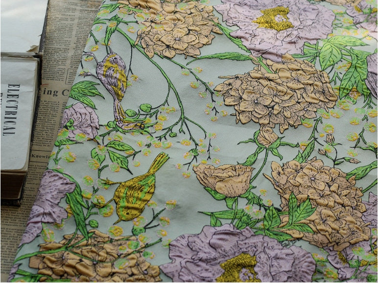 Embossed Jacquard Fabric: 3D Birds and Flowers, 55" Wide