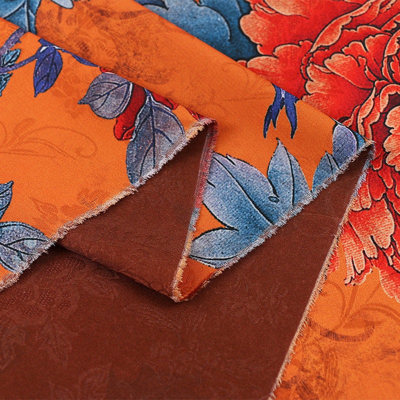 Blooming Tea Satin Silk Fabric: 59"W Floral Print Sewing Material