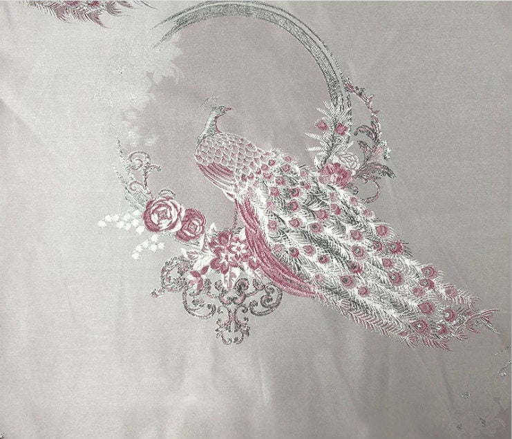 Metallic Damask Satin Fabric: 3D Peacock Jacquard, 56"W