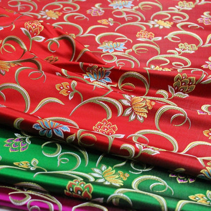 Lotus Jacquard Silk Brocade Fabric: Red, Green, Hot Pink - 29.5" Width