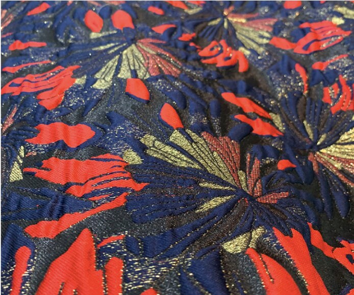Gold Thread Jacquard Fabric: Vintage Floral African Style, 55" Wide