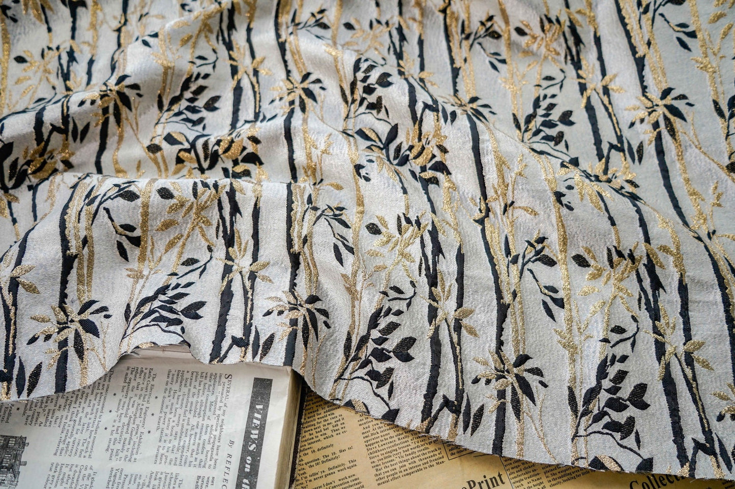 Gold Thread Bamboo Jacquard Fabric: 3D Designer Upholstery, 55" Wide