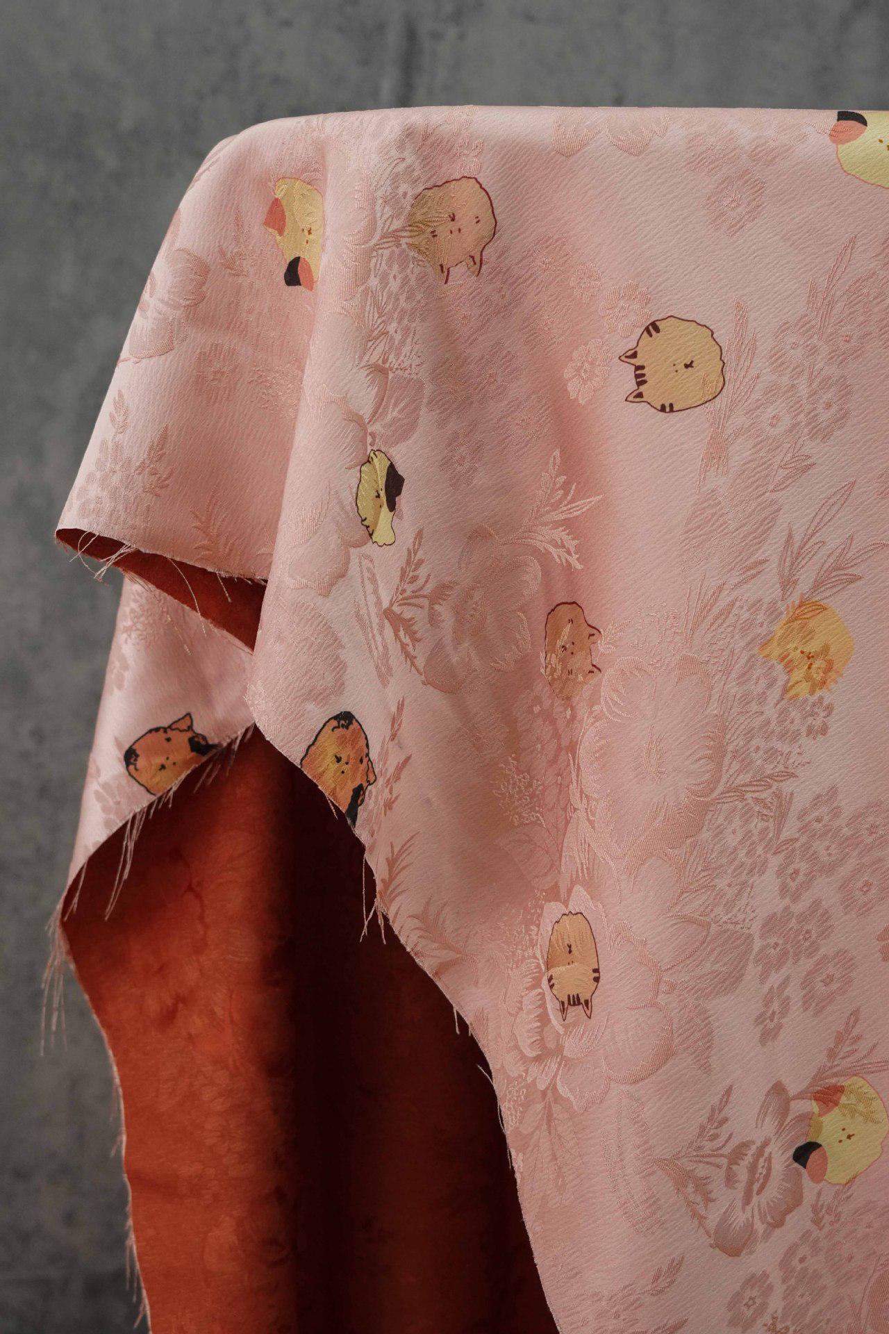 Cartoon Cat Silk Satin Fabric, Digital Print, 59"W