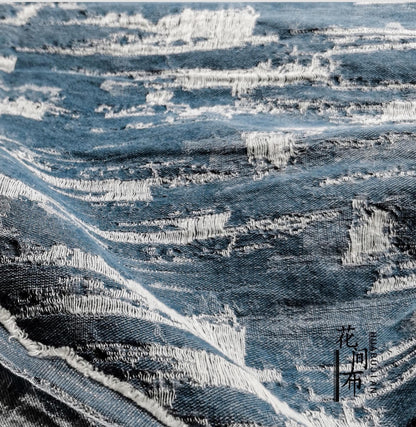 Blue Distressed Denim Jacquard Fabric: Washed Textured Design, 55"W