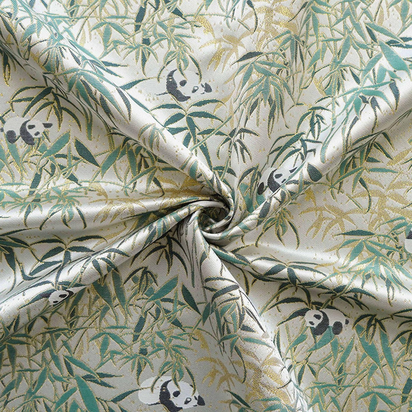 Tissu jacquard double face à motif de feuilles de bambou panda avec fils dorés, largeur 60 pouces