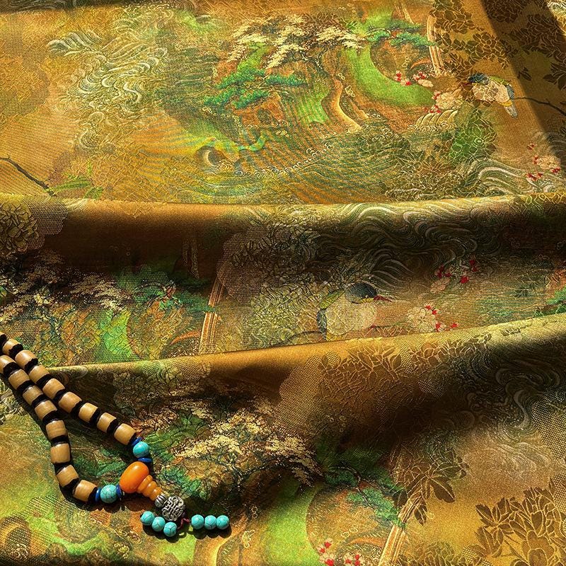 Rayon Silk Jacquard Xiangyun Fabric ��� Emerald Gold Feather Handwoven Textile for Dress, Cheongsam, DIY Sewing, Costume Fabr" Wide