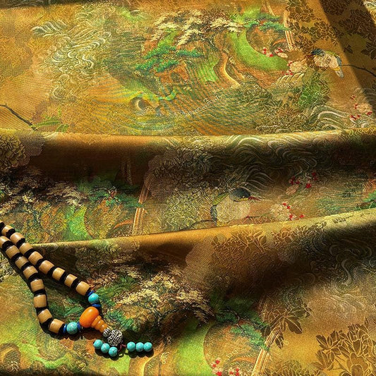 Rayon Silk Jacquard Xiangyun Fabric ��� Emerald Gold Feather Handwoven Textile for Dress, Cheongsam, DIY Sewing, Costume Fabr" Wide