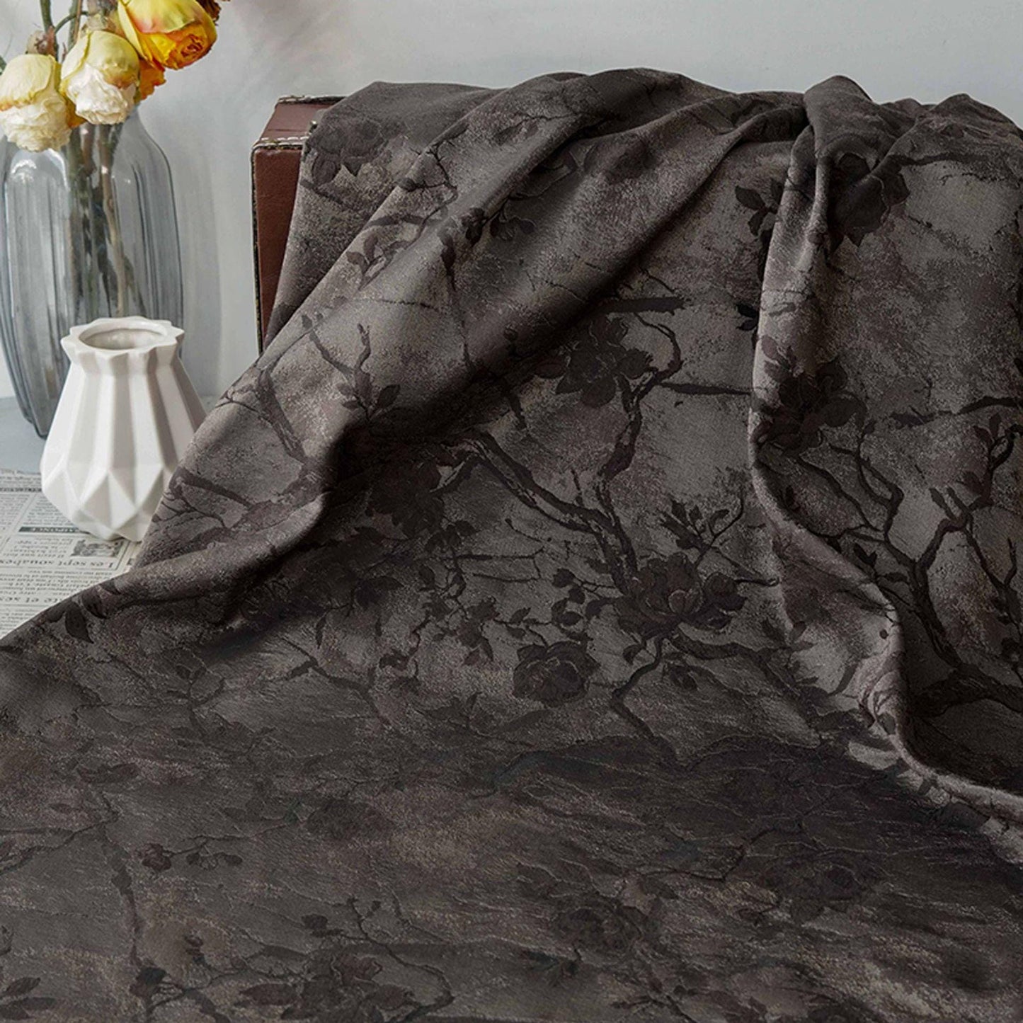 Ink Wash Floral Yarn-Dyed Fabric ��� Black Asian Botanical Quilting Fabric, Upholstery & Home Decor Textile,  62''W Designer