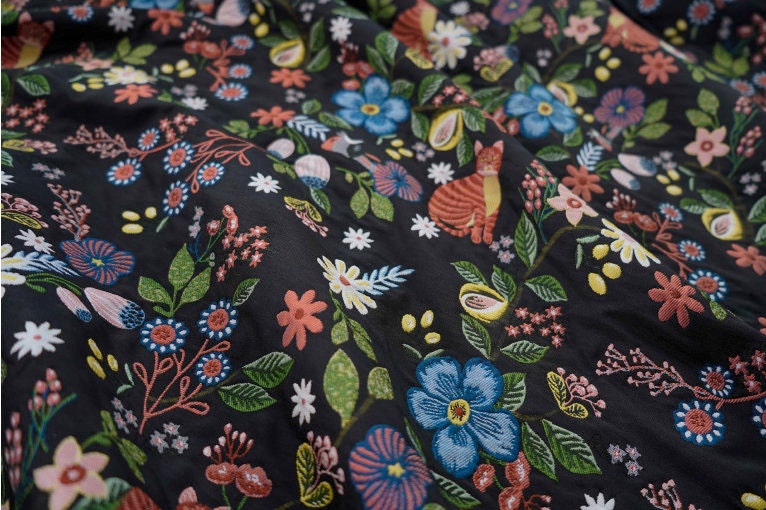 Black Cat Jacquard Fabric: Floral Upholstery, Costume, Decor (58"W)