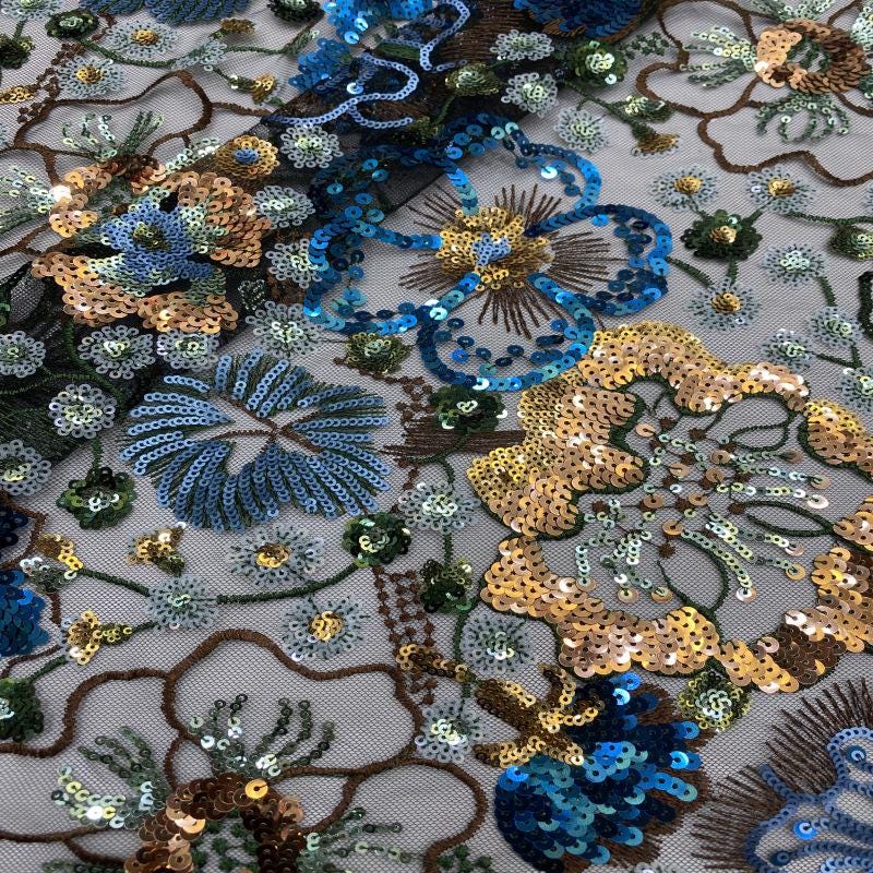 Tissu en dentelle à sequins brodée de fleurs, 124 cm de large