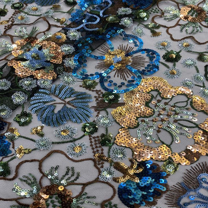 Tissu en dentelle à sequins brodée de fleurs, 124 cm de large