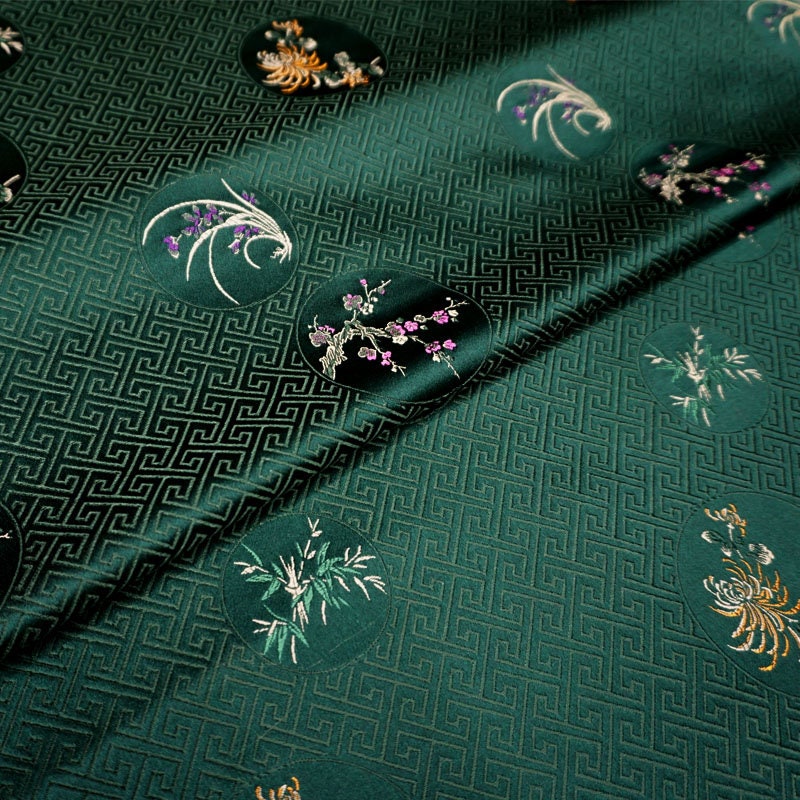 Floral Silk Brocade Fabric: Chinese Plum, Orchid, Bamboo - 29.5" Wide