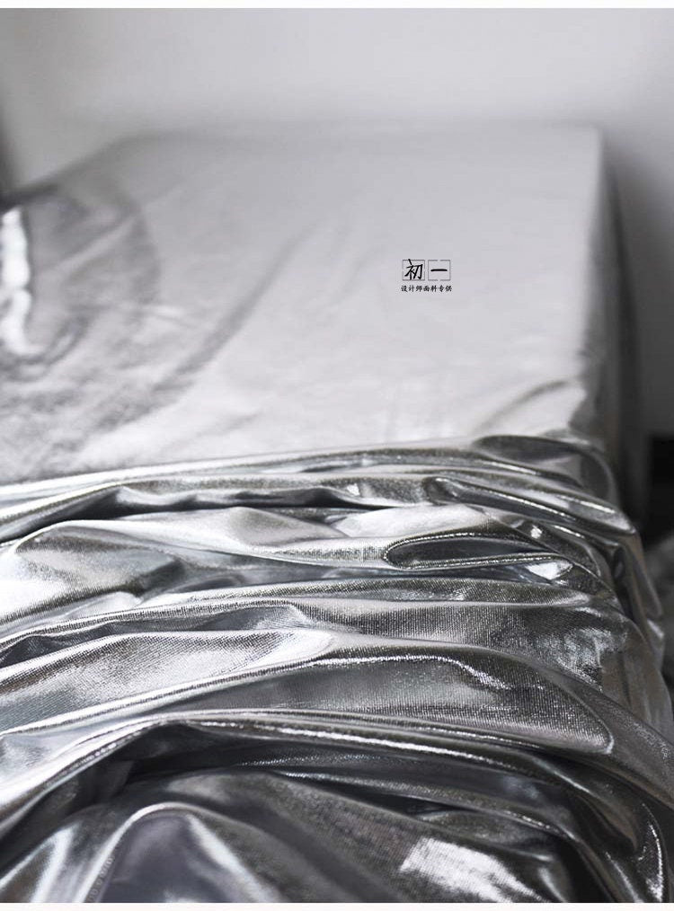 Silver Coated Stretch Fabric: Metallic PU Clothing Material, 60" Width