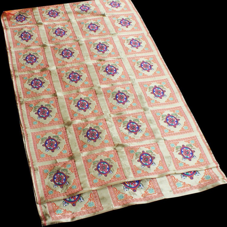 29"W Vintage Tibetan Brocade Fabric: Silk Satin Upholstery Textile