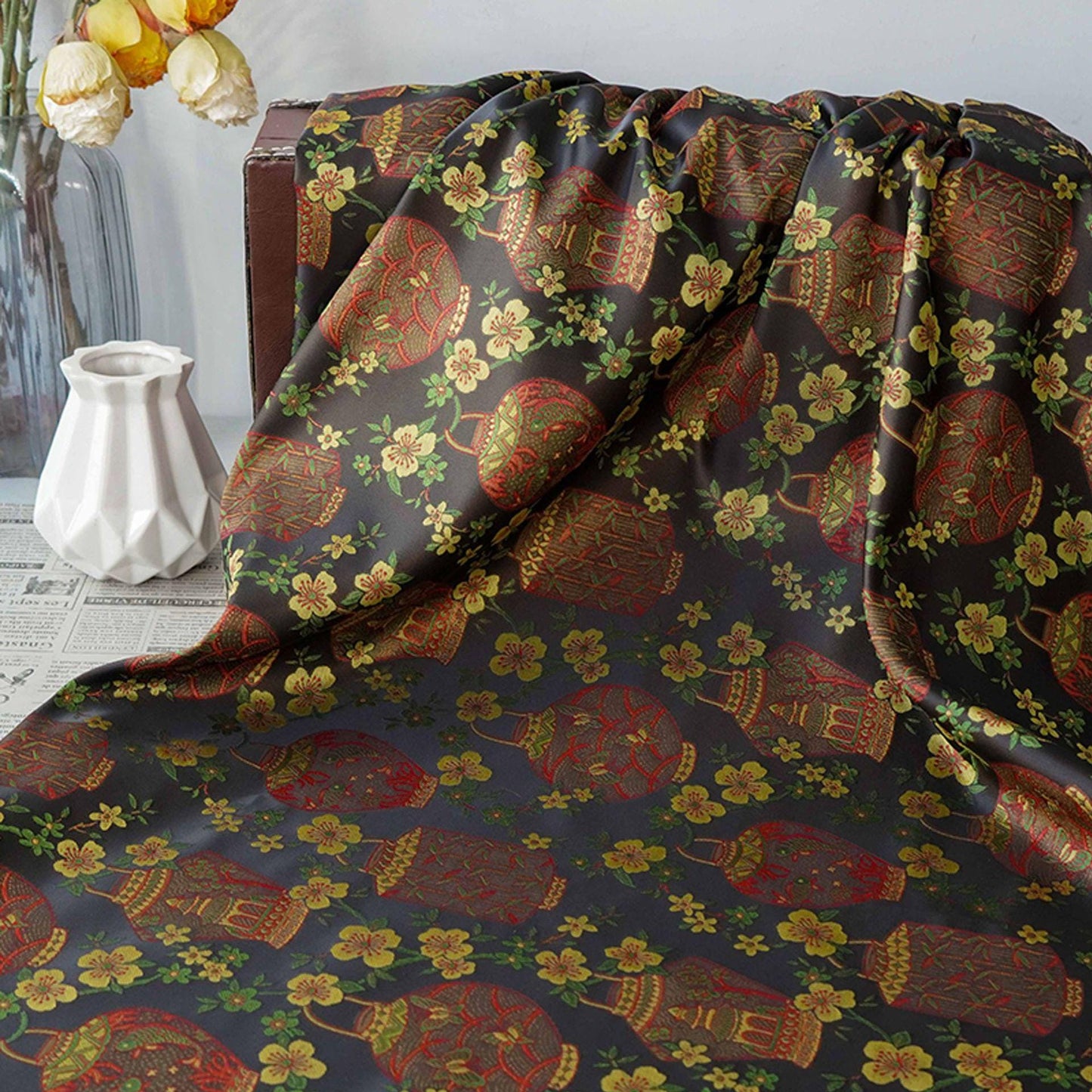 Tissu brocart Lanterne Fleur de Prunier - Tissu décoratif tissé, 157 cm de large