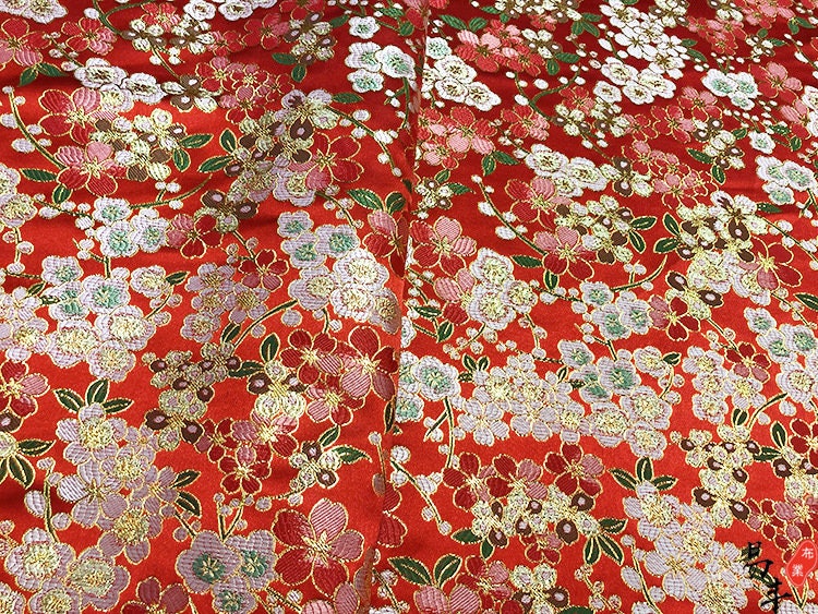 Red Cherry Blossom Brocade Fabric: Satin Jacquard Weave, 59"W