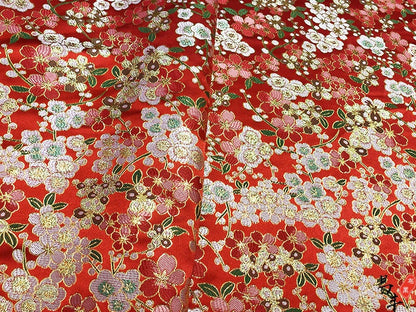 Red Cherry Blossom Brocade Fabric: Satin Jacquard Weave, 59"W
