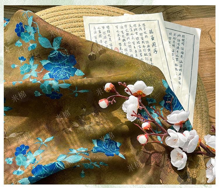 Floral Brocade Fabric ��� Blue Gold Rayon Silk Ble" Wide