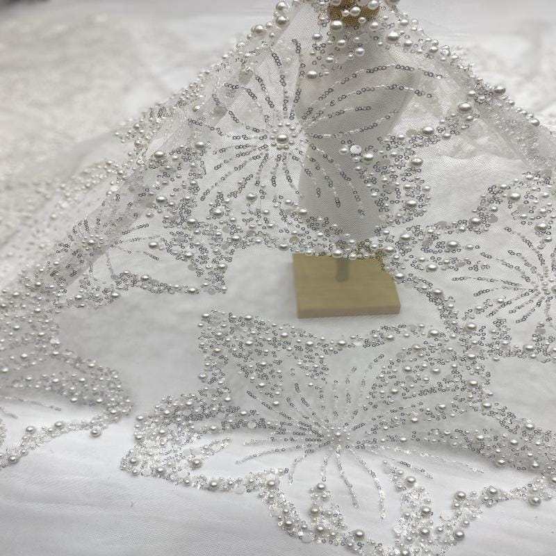 Pearl & Sequin Embroidered Fabric ��� 4/6/8mm Beads, Luxury Bridal Gown Material, Wedding Dress, Couture Sewing, High-End Fashion Fabr"W