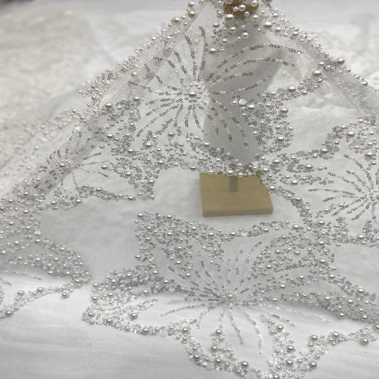 Tissu brodé de perles et de sequins – Perles de 4/6/8 mm, tissu de luxe pour robe de mariée, robe de mariée, couture haute couture, tissu de mode haut de gamme