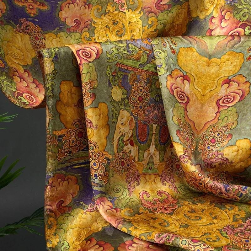 Elephant Pattern Shantung Fabric: 55"W Rayon Upholstery, Costume, Scarf