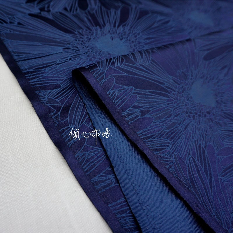 Deep Navy Floral Brocade Fabric: Silk Rayon Jacquard, 29"W