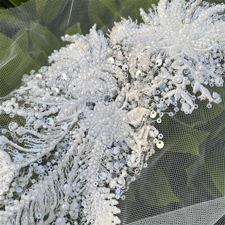 Embroidered Lace Trim: Light Ivory Bridal Wedding Veil Fabric, Sequins (By Yard)