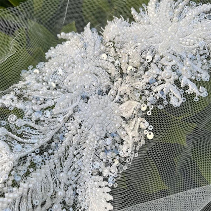 Embroidered Lace Trim: Light Ivory Bridal Wedding Veil Fabric, Sequins (By Yard)