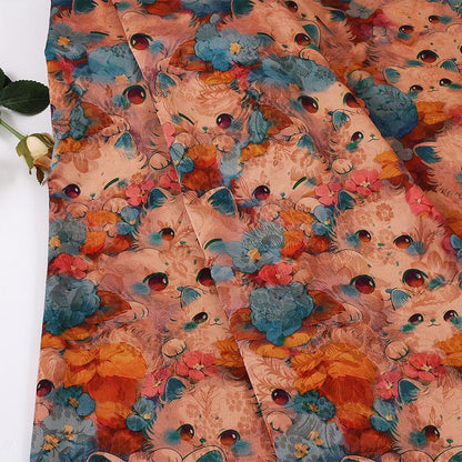 Cartoon Kitten Peony Print on Red Cloud Gauze Fabric ��� Fun & Playful Desi"Wide