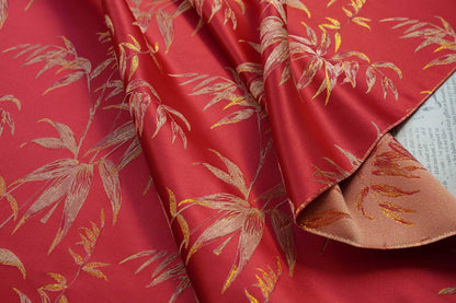 Red Brocade Fabric ��� Golden Bamboo Leaves Jacqua" Wide