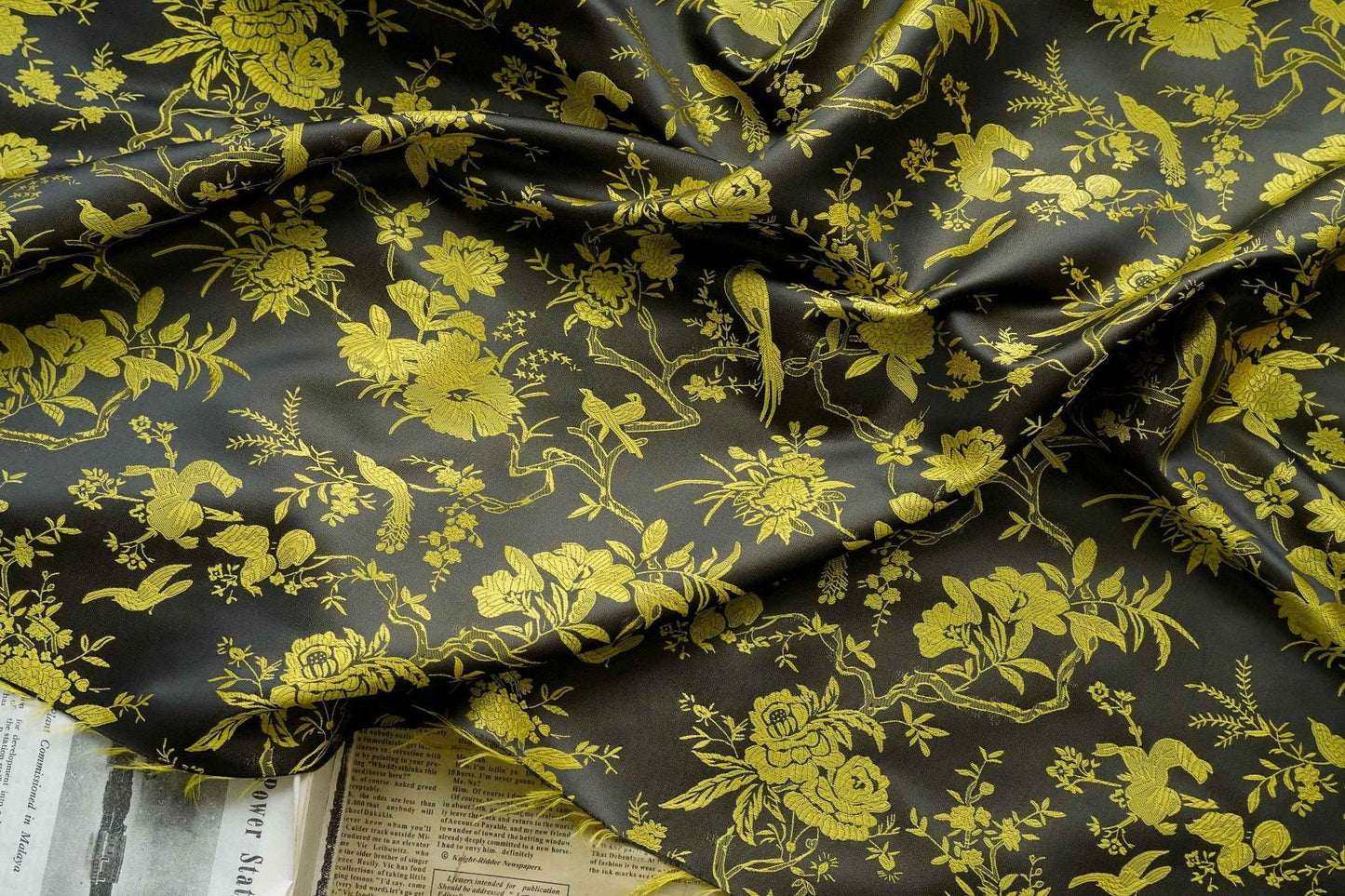 Black Gold Chinese Brocade Fabric Wild Bird and Azalea Cushion cover, pillow case, cheongsam, Qipao, Upholstery, Costume, bag, Sewing/Fabric