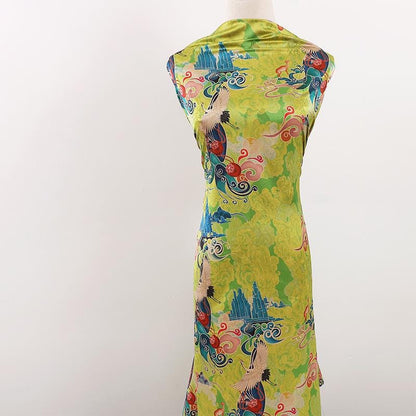 Phoenix Flower Tea Silk Fabric: Digital Print Upholstery, Costume, Drapery (59"W)