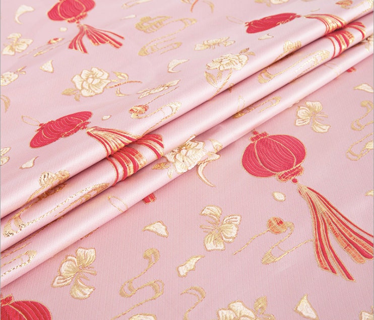 Pink Chinese Lantern Silk Brocade Fabric: Festival Upholstery, Quilting (57" W)