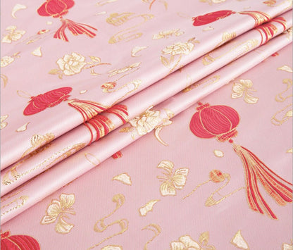 Pink Chinese Lantern Silk Brocade Fabric: Festival Upholstery, Quilting (57" W)
