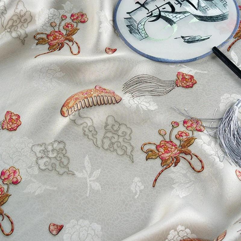 Lotus Tea Silk Satin Fabric: Japanese Pattern Upholstery, Costume, Decor (58"W)