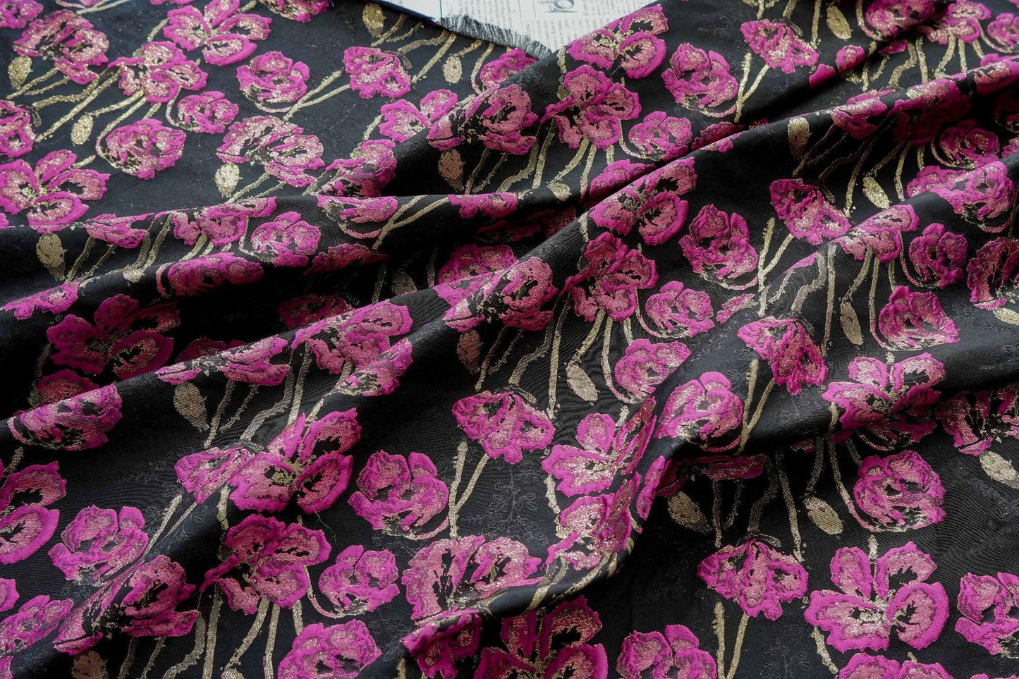 Black Jacquard Brocade Fabric | Pink Floral Gold Thread, 65"W