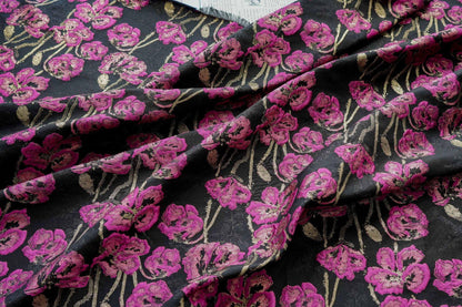 Black Jacquard Brocade Fabric | Pink Floral Gold Thread, 65"W