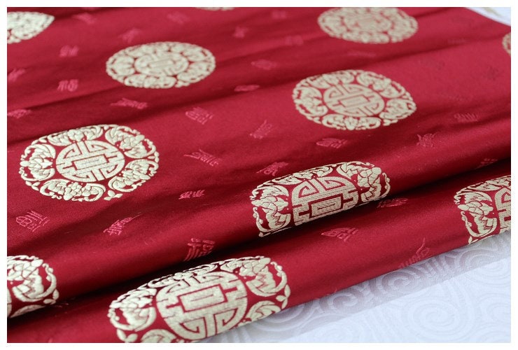 Floral Brocade Jacquard Satin Fabric with Chinese Fu Symbol