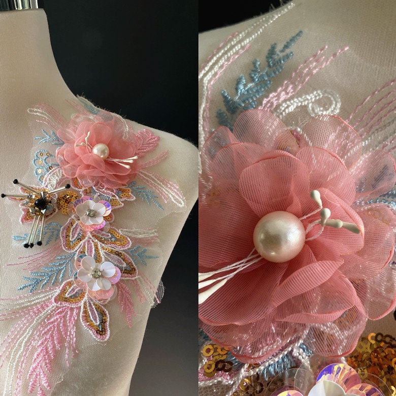 3D Embroidery Flower Applique: Handmade Organza Lace (30x13cm)