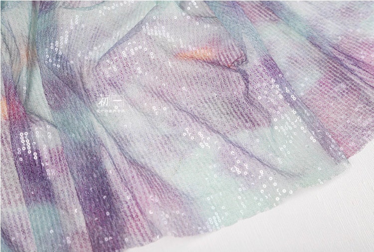 Lilac Green Sequin Mesh Fabric, Embroidered Scale Design, 49"W