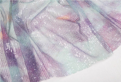 Lilac Green Sequin Mesh Fabric, Embroidered Scale Design, 49"W